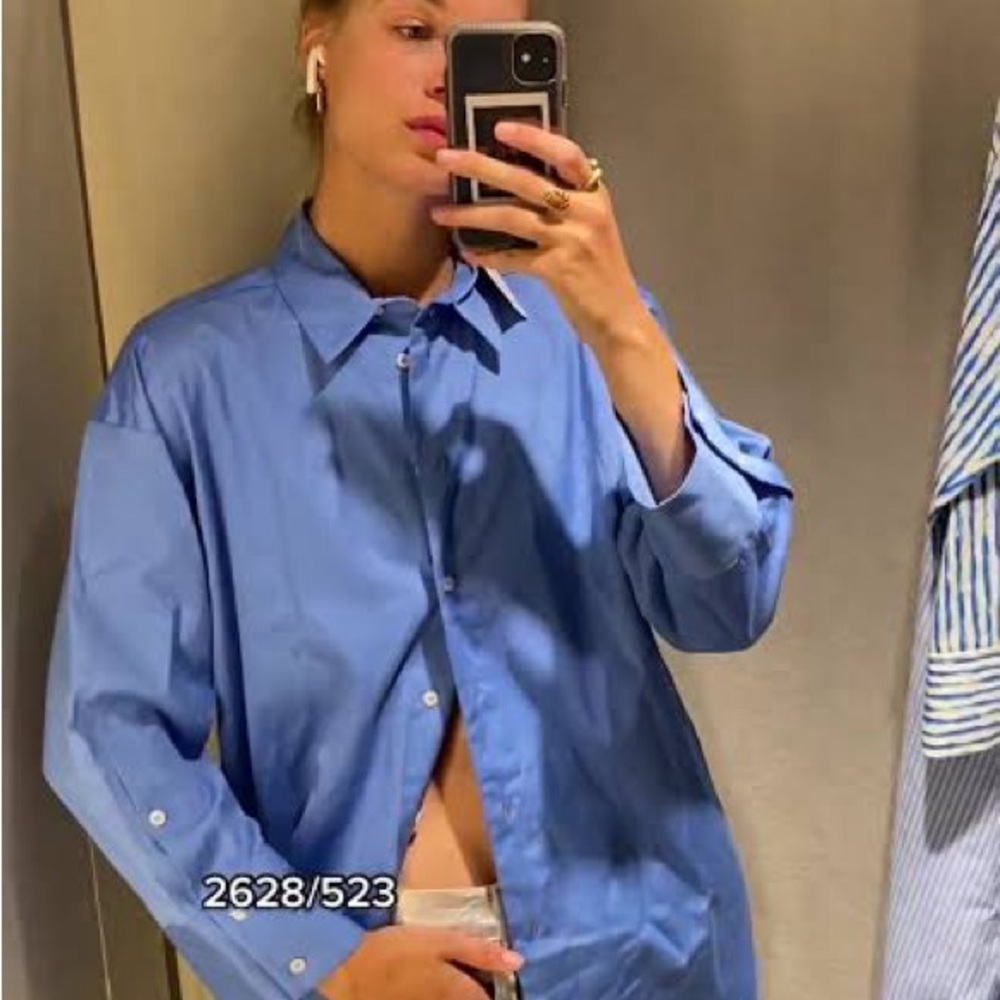 New $49 Zara oversized top Blue button down blouse boyfriend dress shirt